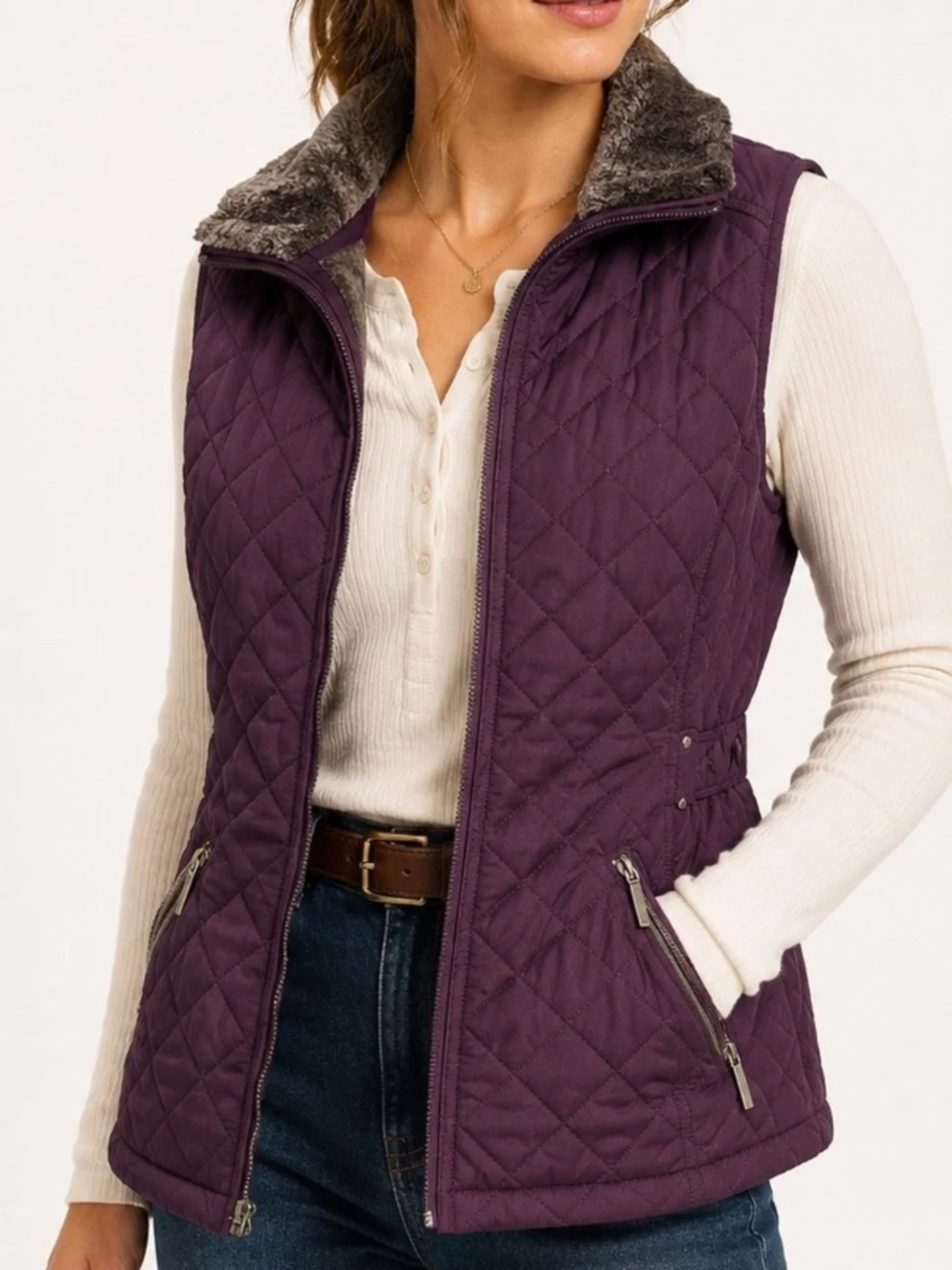 Weatherproof Plum Wine Burgundy Mixed Quilted Vest with Plush Lining Size L